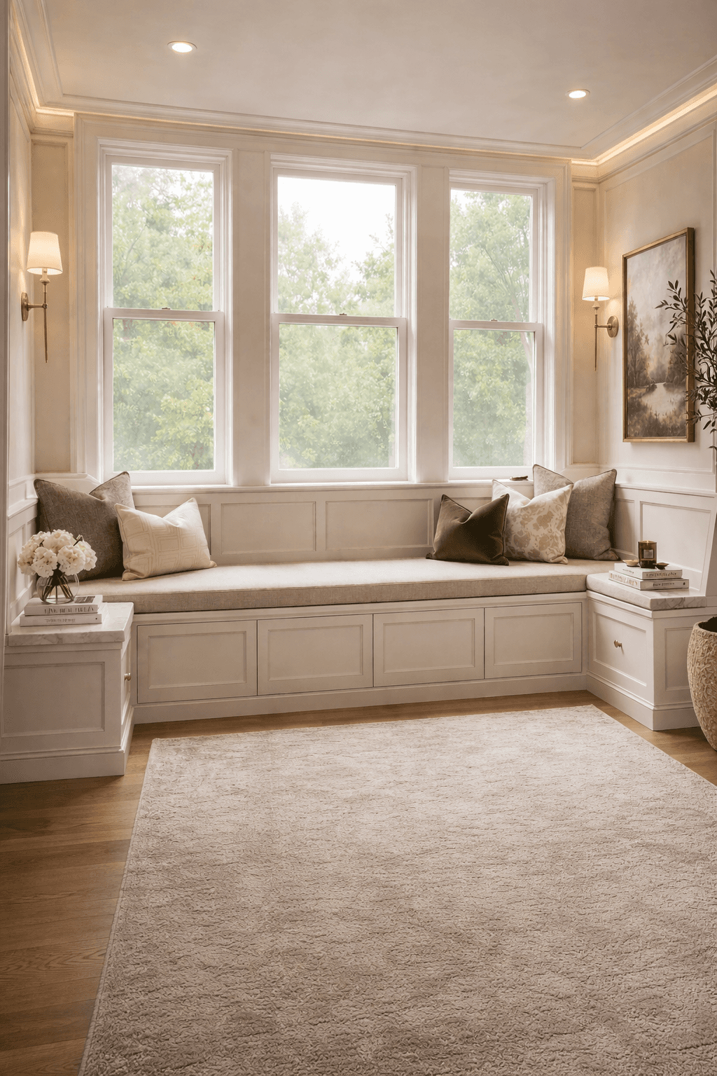 A modern hallway features vibrant teal and orange geometric and leaf patterns, with glossy tiled floors, a large rectangular light fixture, and a small shelf holding a potted plant, all leading to a large, frosted window at the end.