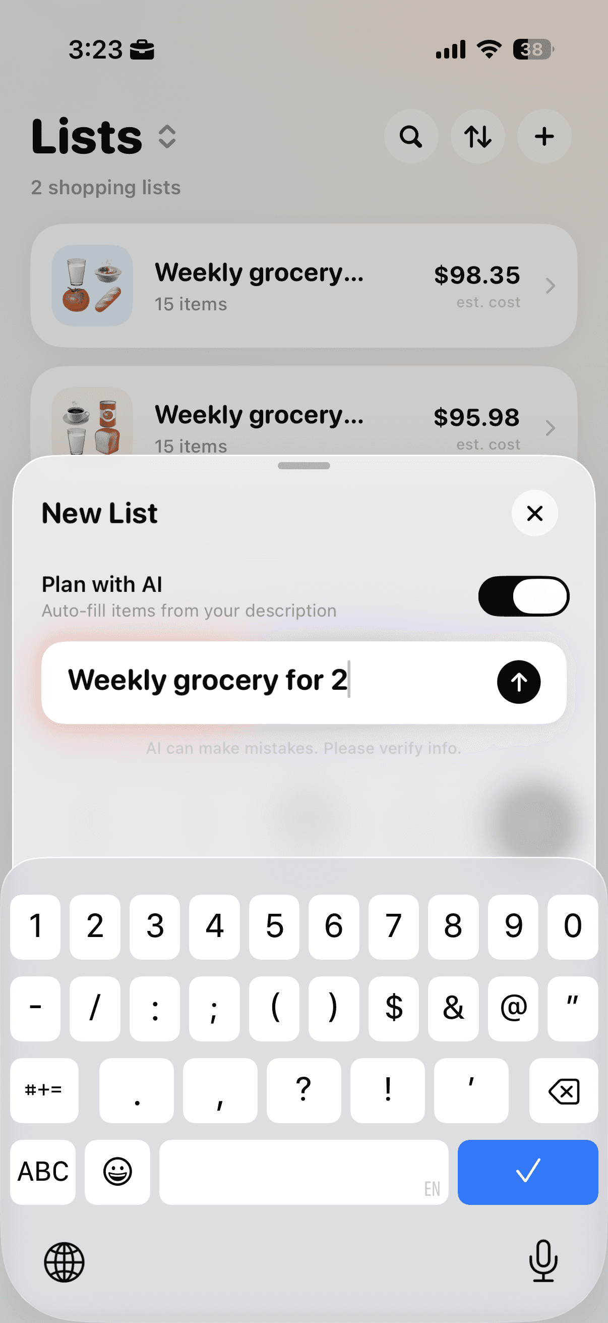 Cart AI New List screen with Plan with AI enabled and a weekly grocery prompt entered.
