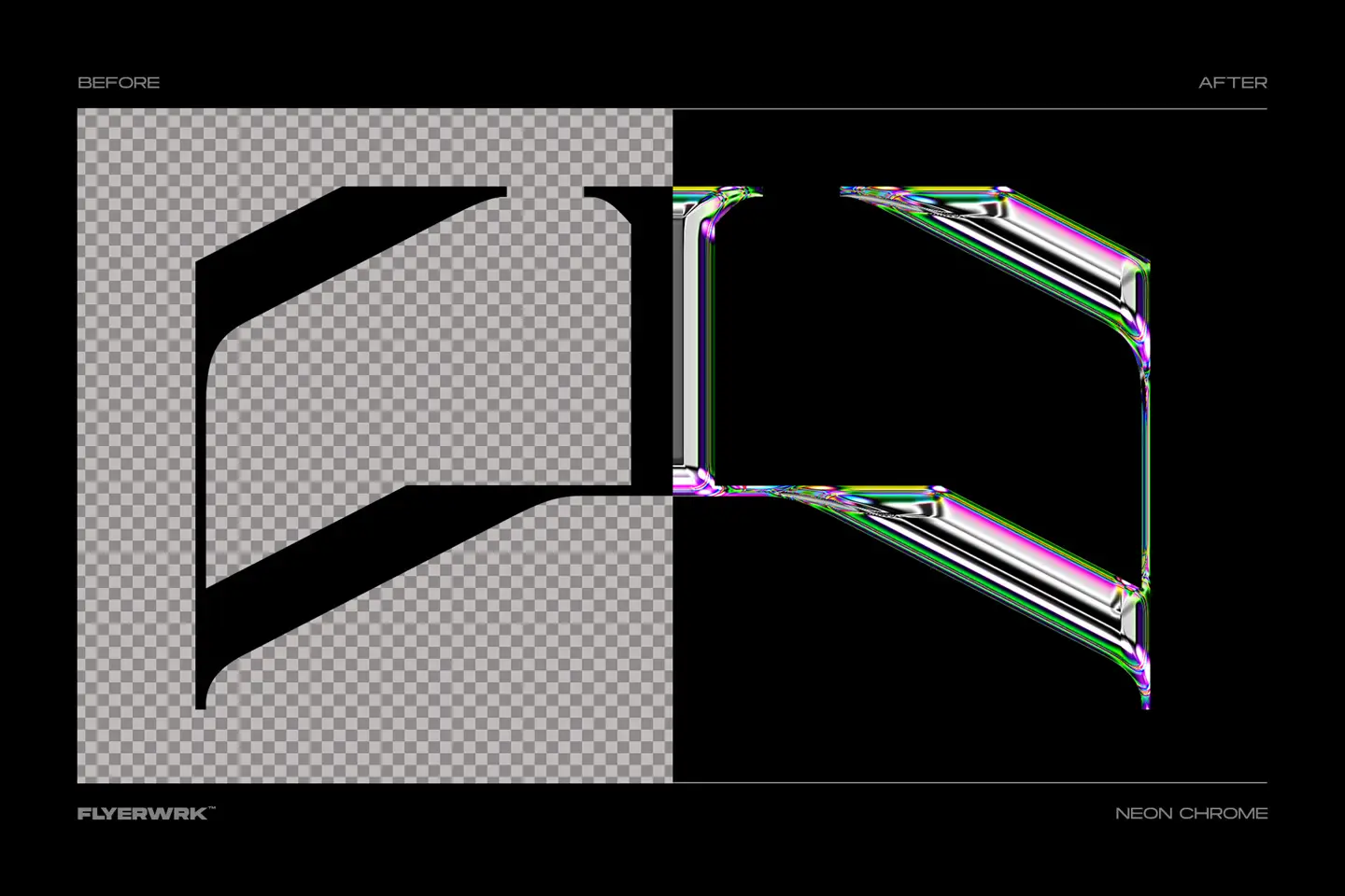 Neon chrome text effect before and after transformation of logo design