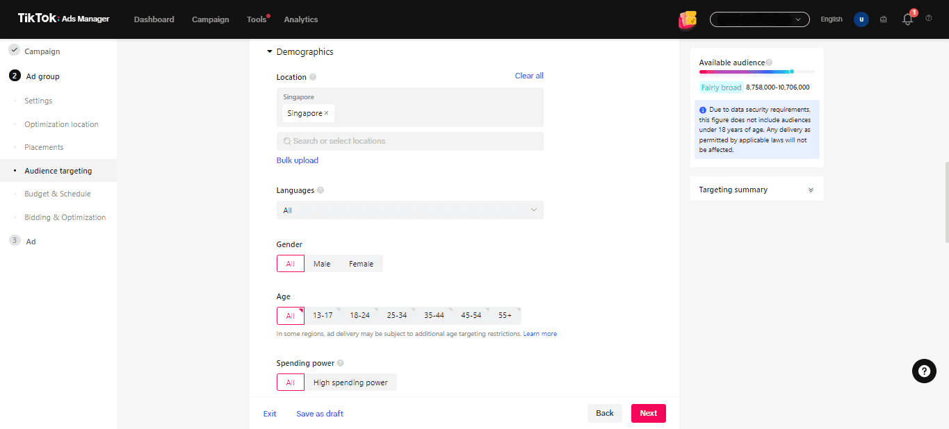 TikTok Ads Manager audience targeting settings showing location, age, gender, and spending power while creating an ad group for a TikTok campaign in TikTok Ads Manager.