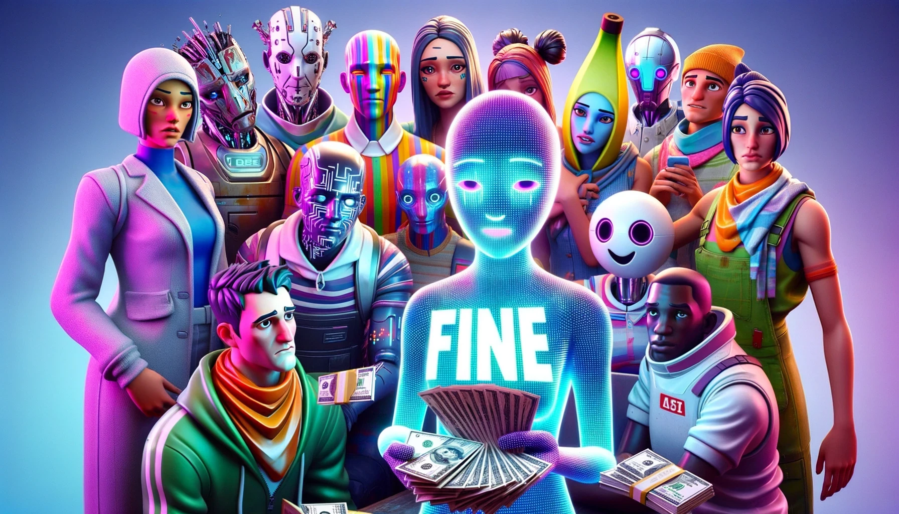 A group of diverse and iconic Fortnite skins, including characters like the banana peel skin (Peely), in various colorful and futuristic outfits, being fined a large amount of money. They look very unhappy and distressed, with realistic facial expressions, and visible stacks of cash or digital currency symbols. Include an AI inspired by the AIs from the movie 'Her', represented as a friendly, yet authoritative, digital entity with a holographic appearance. The scene should blend the concept of the physical meeting the digital, with futuristic elements such as holograms and digital interfaces integrated into a modern cityscape. The overall mood should highlight the contrast between the playful Fortnite characters and the serious nature of the fines.