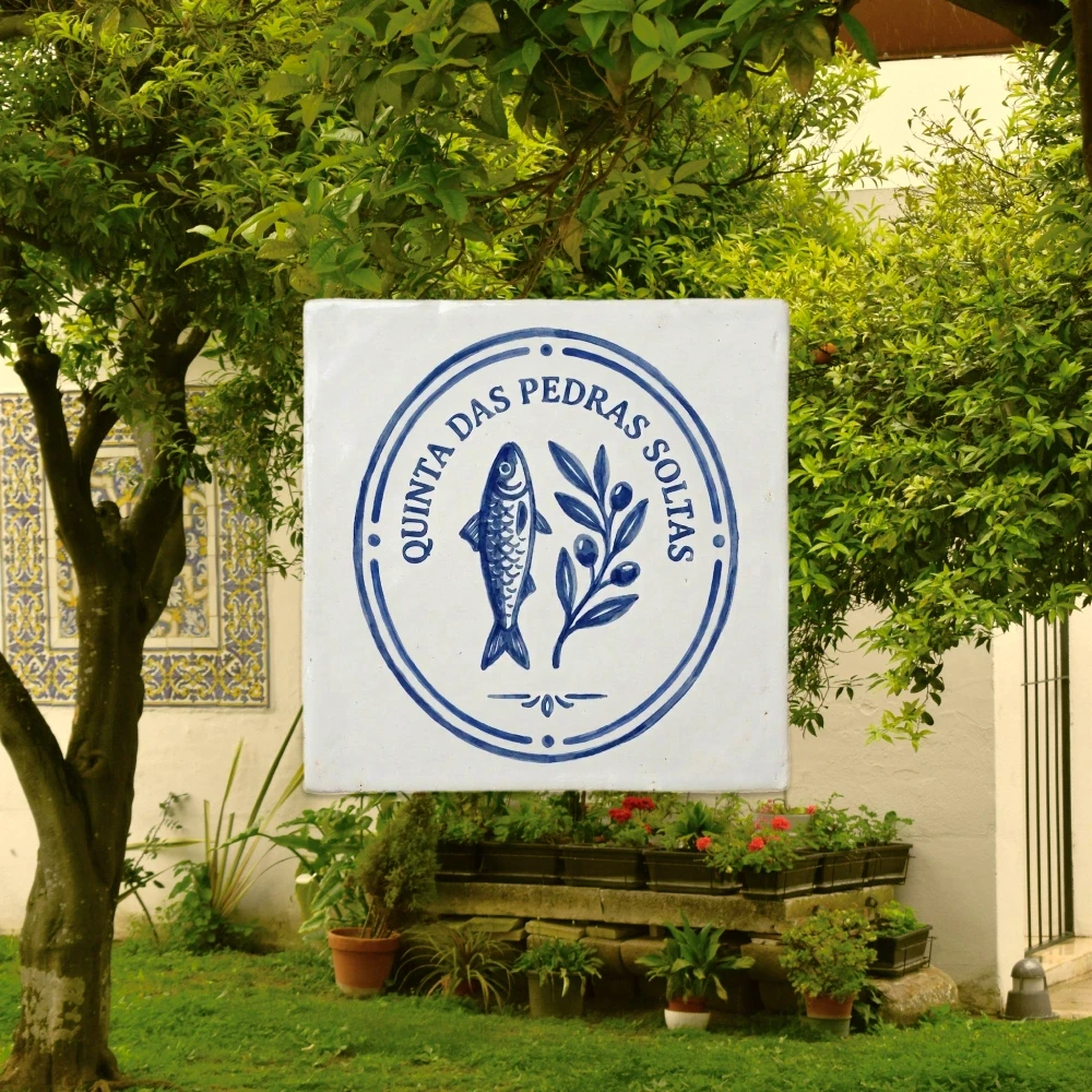 The Quinta das Pedras Soltas logo with a fish and olive branch painted on a white tile, layered over a garden scene.
