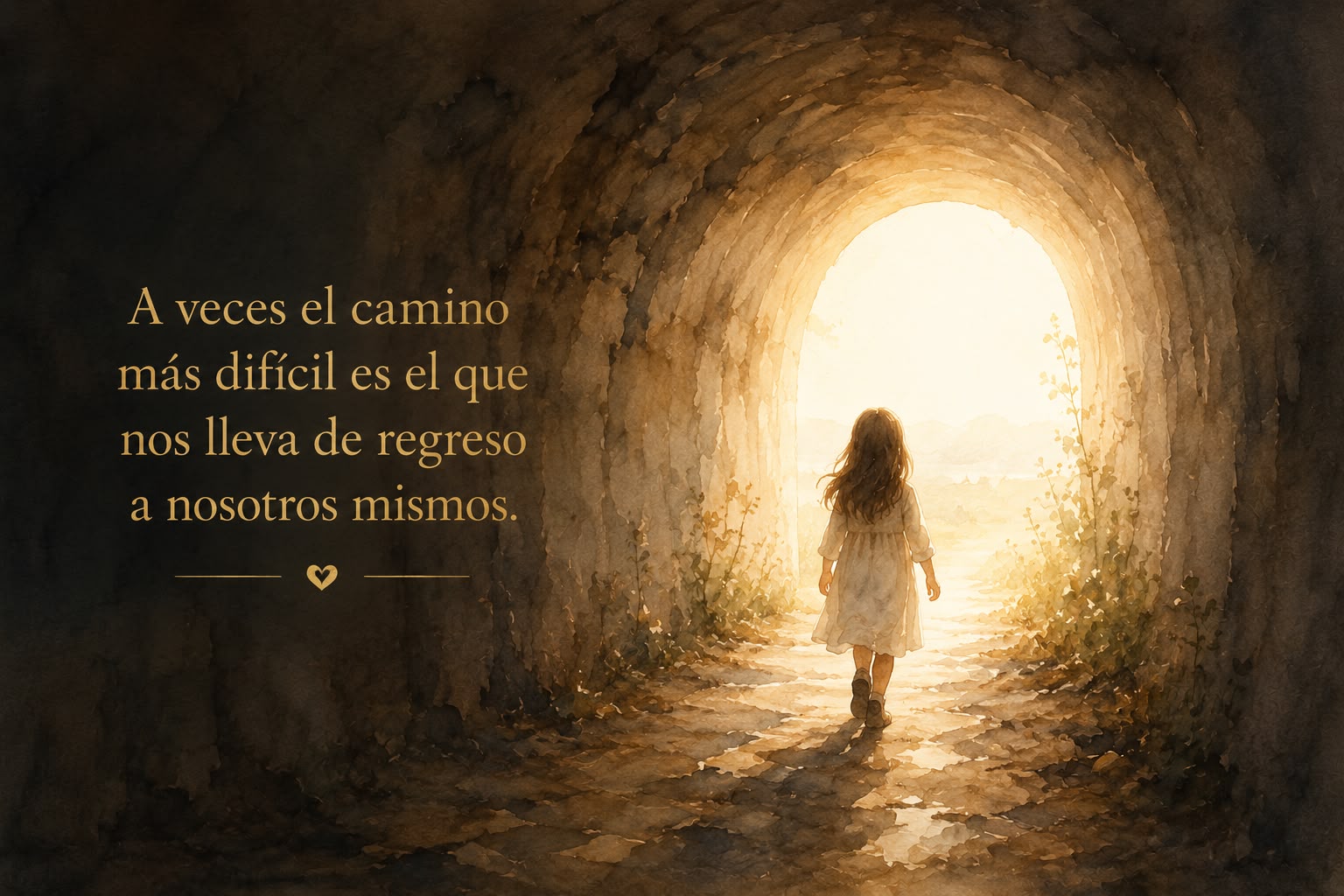 Ilustración: una niña camina hacia la luz al final de un túnel, con el texto 'A veces el camino más difícil es el que nos lleva de regreso a nosotros mismos.'