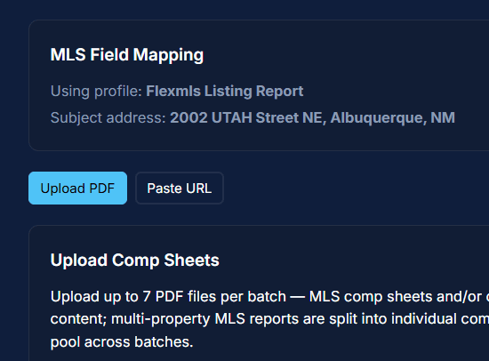 Showing how you can upload PDFs or Paste URLs instead of typing property data.