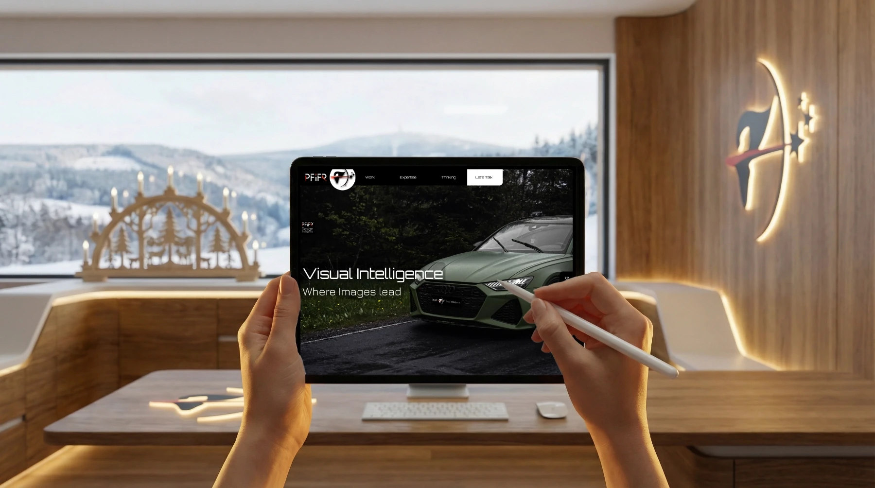 Hände halten ein 13-Zoll-iPad Pro mit der Tablet-Ansicht der Website PFiFR® Visual Intelligence, inklusive Apple Pencil, vor einem modernen Office-Interior mit Holztisch, iMac-Arbeitsplatz, großer Fensterfront, winterlicher Landschaft und beleuchtetem Markenlogo im Hintergrund.