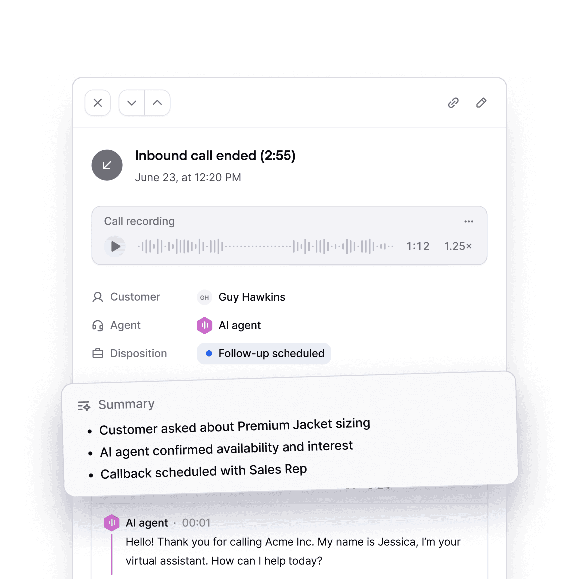 A Consio AI voice agent call details card showing an inbound call with a recording, an AI-generated summary, and a follow-up scheduled disposition after the agent handled a customer inquiry about product sizing.