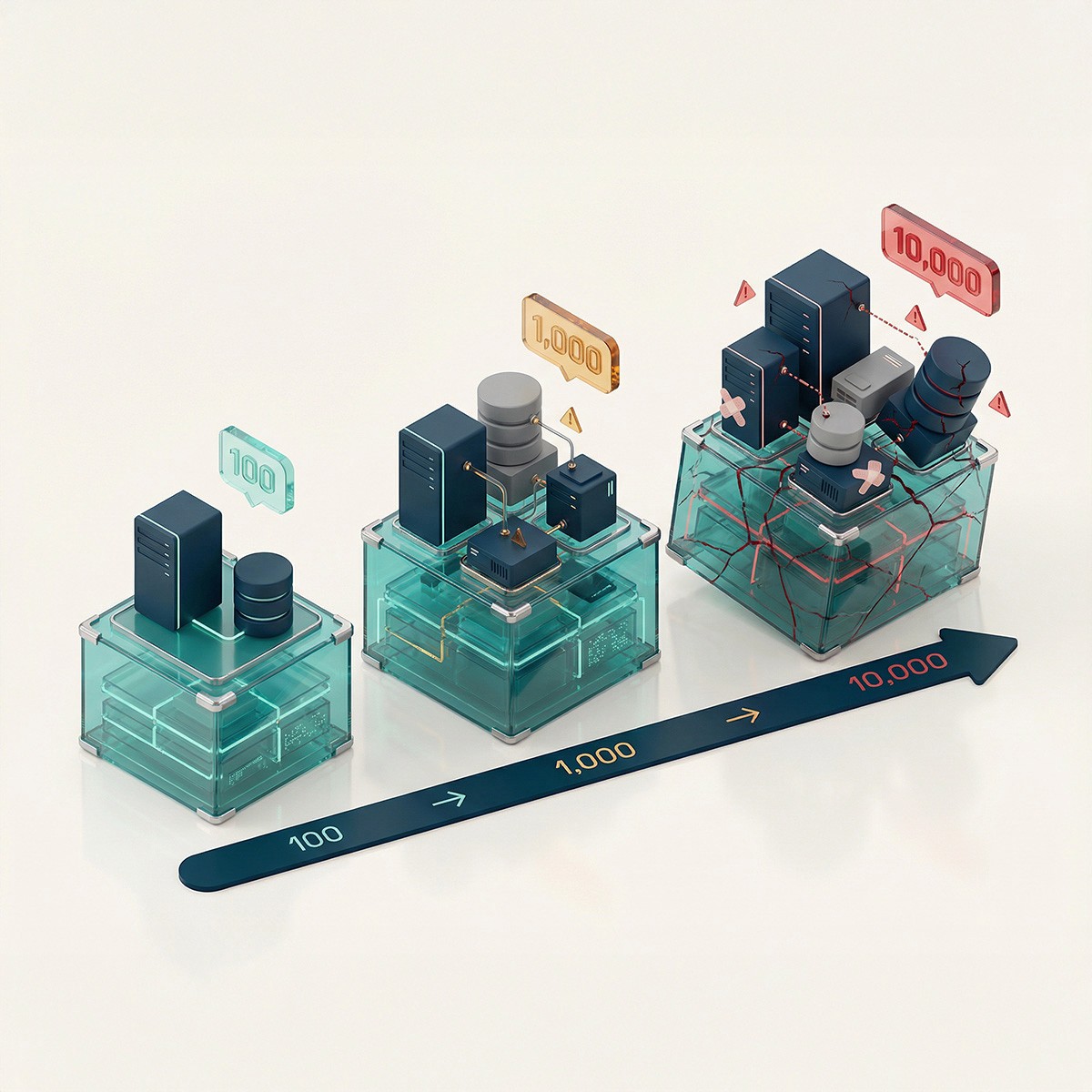 Three platforms showing infrastructure breaking as users scale from 100 to 10,000