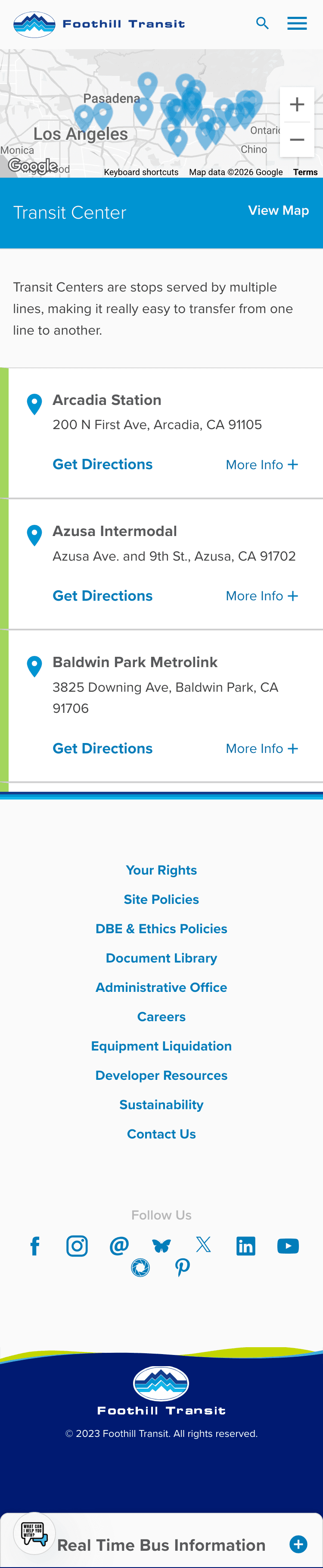 Mobile version of Foothill transit website displaying a map with locations of transit centers 