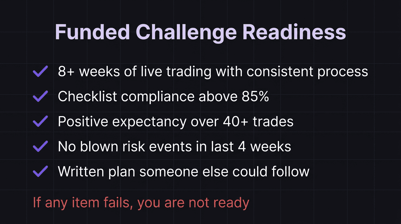 Checklist showing prop firm challenge readiness criteria with pass/fail indicators