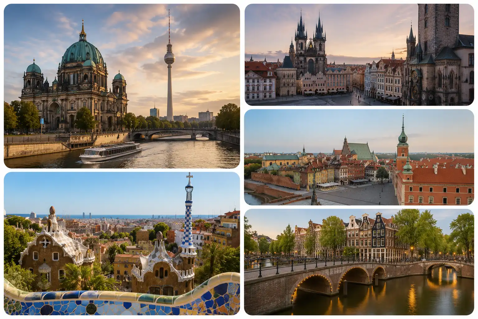 Collage of European student accommodation destinations including Berlin, Prague, Warsaw, Barcelona and Amsterdam for international students exploring accommodation across Europe