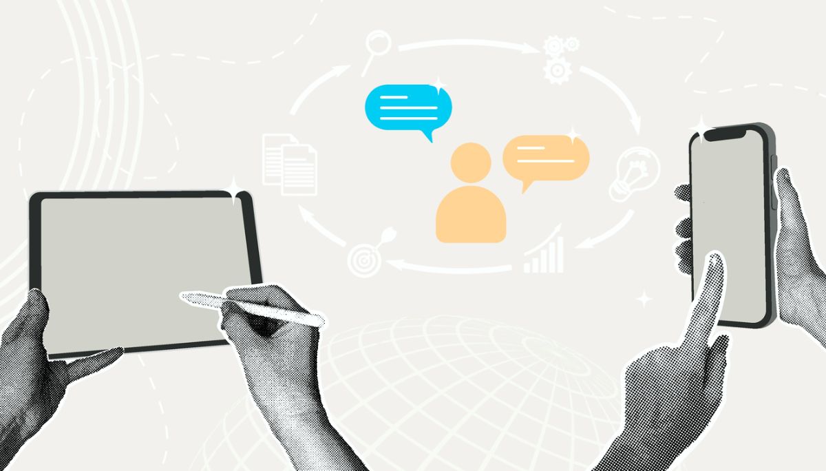 Illustration of hands using a tablet and smartphone with icons for communication, gears, documents, and charts, symbolizing product development strategy and collaboration.