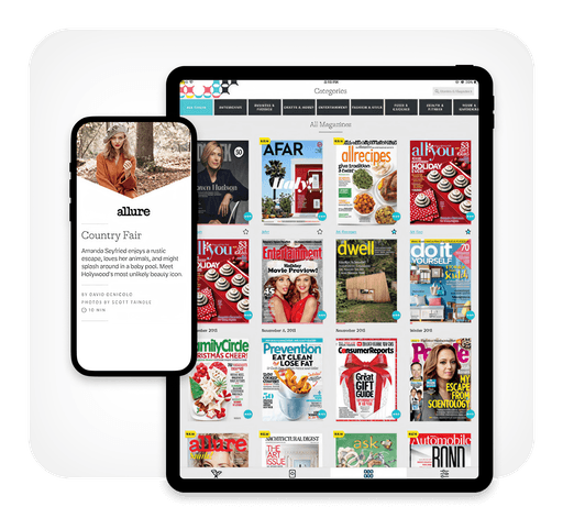 A mobile device and tablet display a variety of magazine covers, including titles related to fashion, cooking, and entertainment, showcasing a digital magazine subscription service.