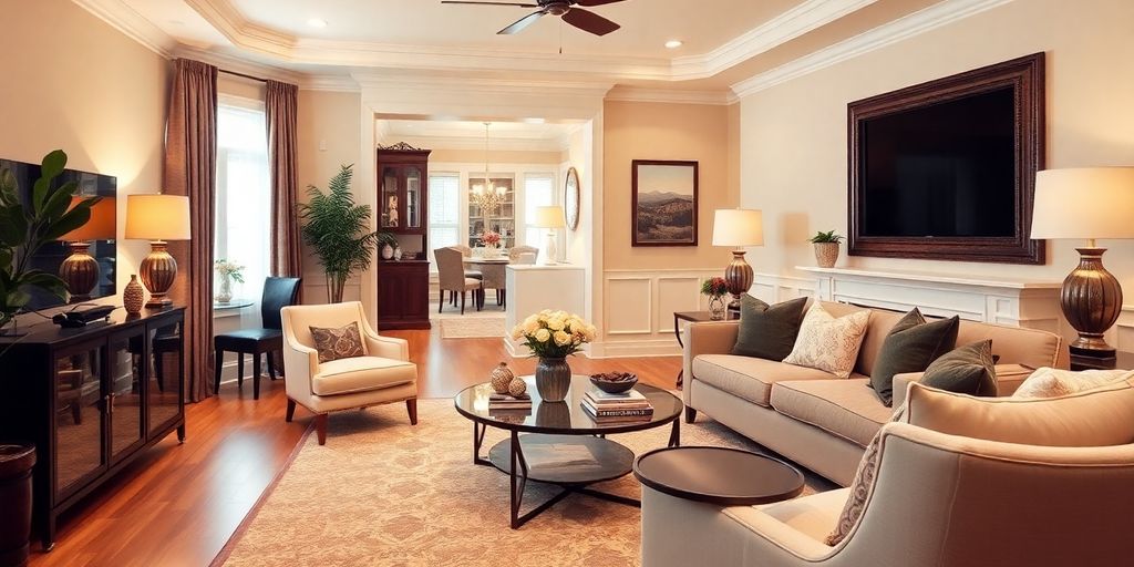 Staged living room with stylish furniture and decor.