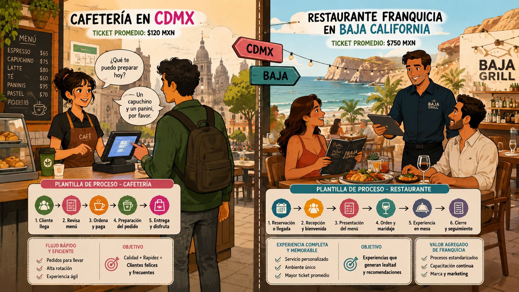 Comparativa ilustrada entre el flujo de ventas de una cafetería urbana y un restaurante de alta gama.