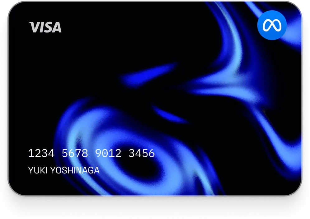Visa credit card with blue swirling design, card number, cardholder name, and Meta Pay logo.