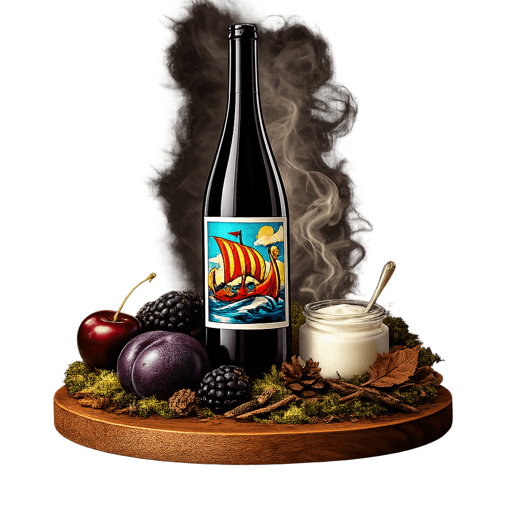 Artistic label and flavor profile for Danish Rondo on a rustic wooden table.