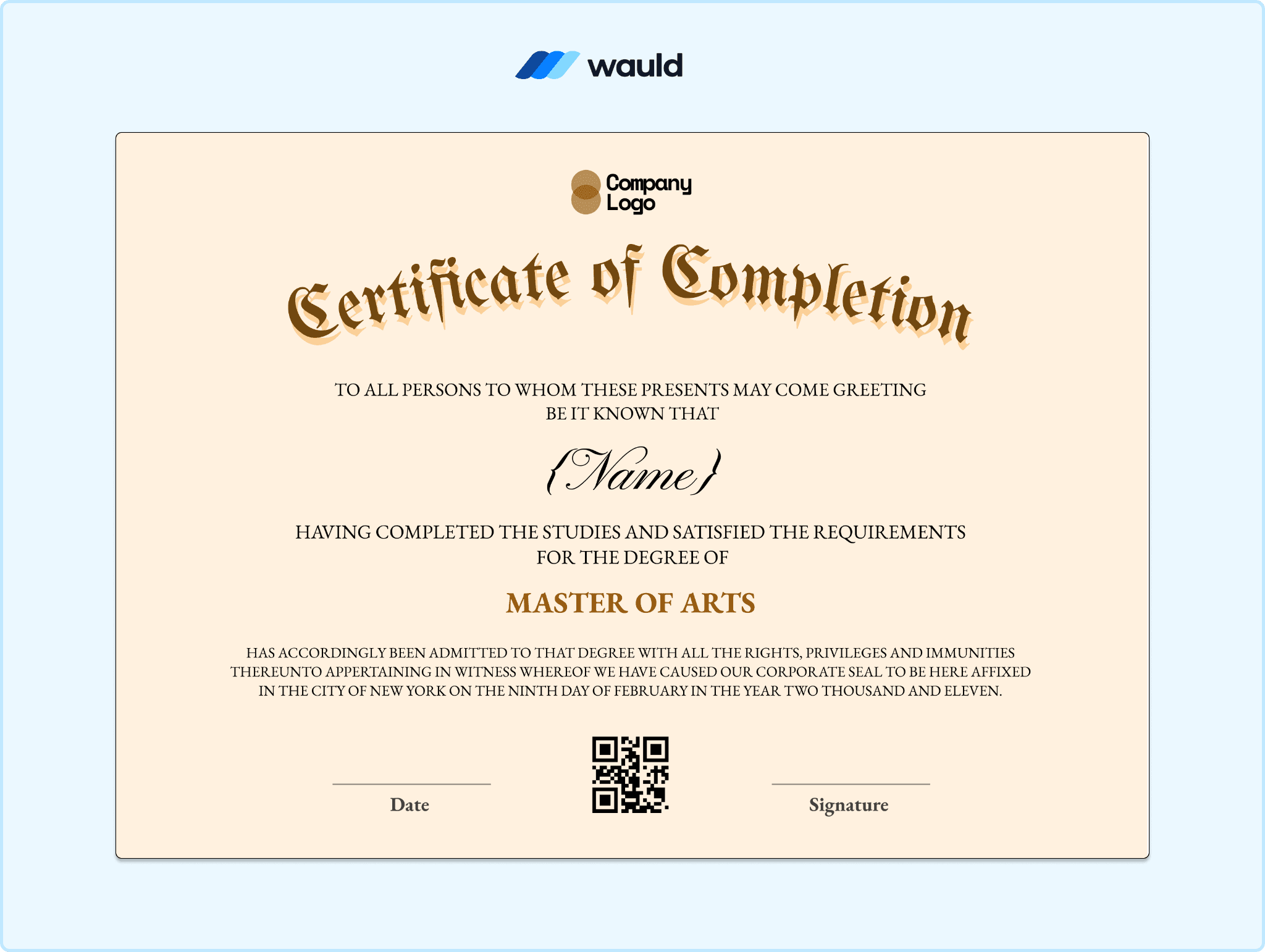 Tan elegant script certificate of completion template with serif body
