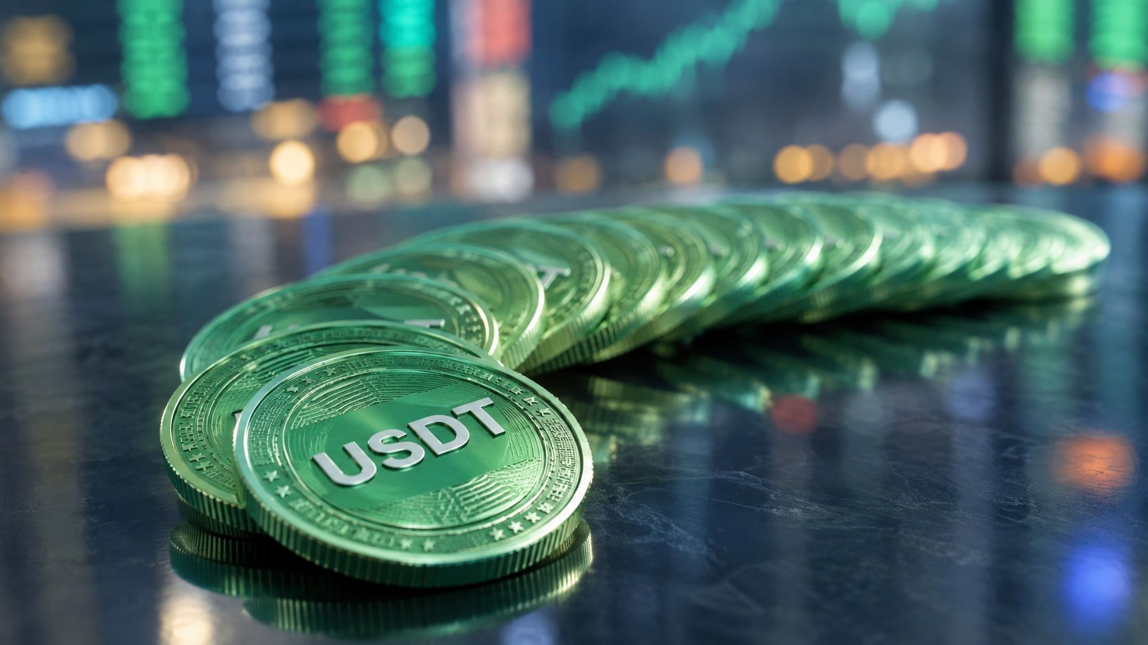 A stack of green USDT stablecoin tokens arranged on a reflective surface against a blurred financial background.