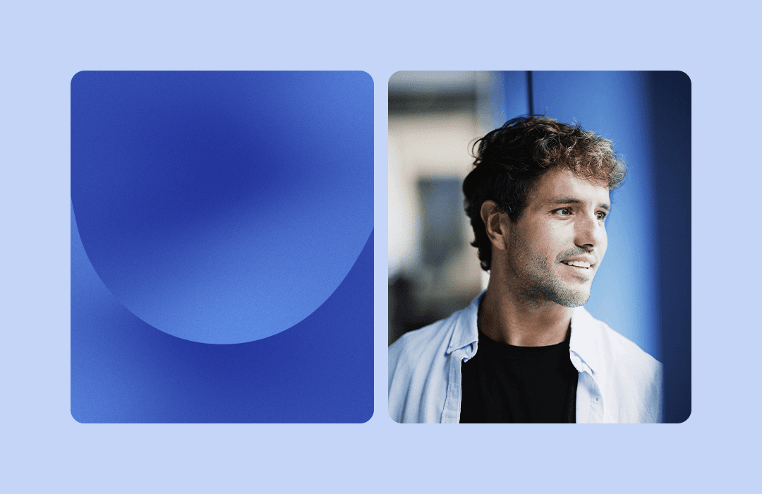 Composição visual com o design minimalista da Inspira à esquerda e a foto do co-fundador Cauê.