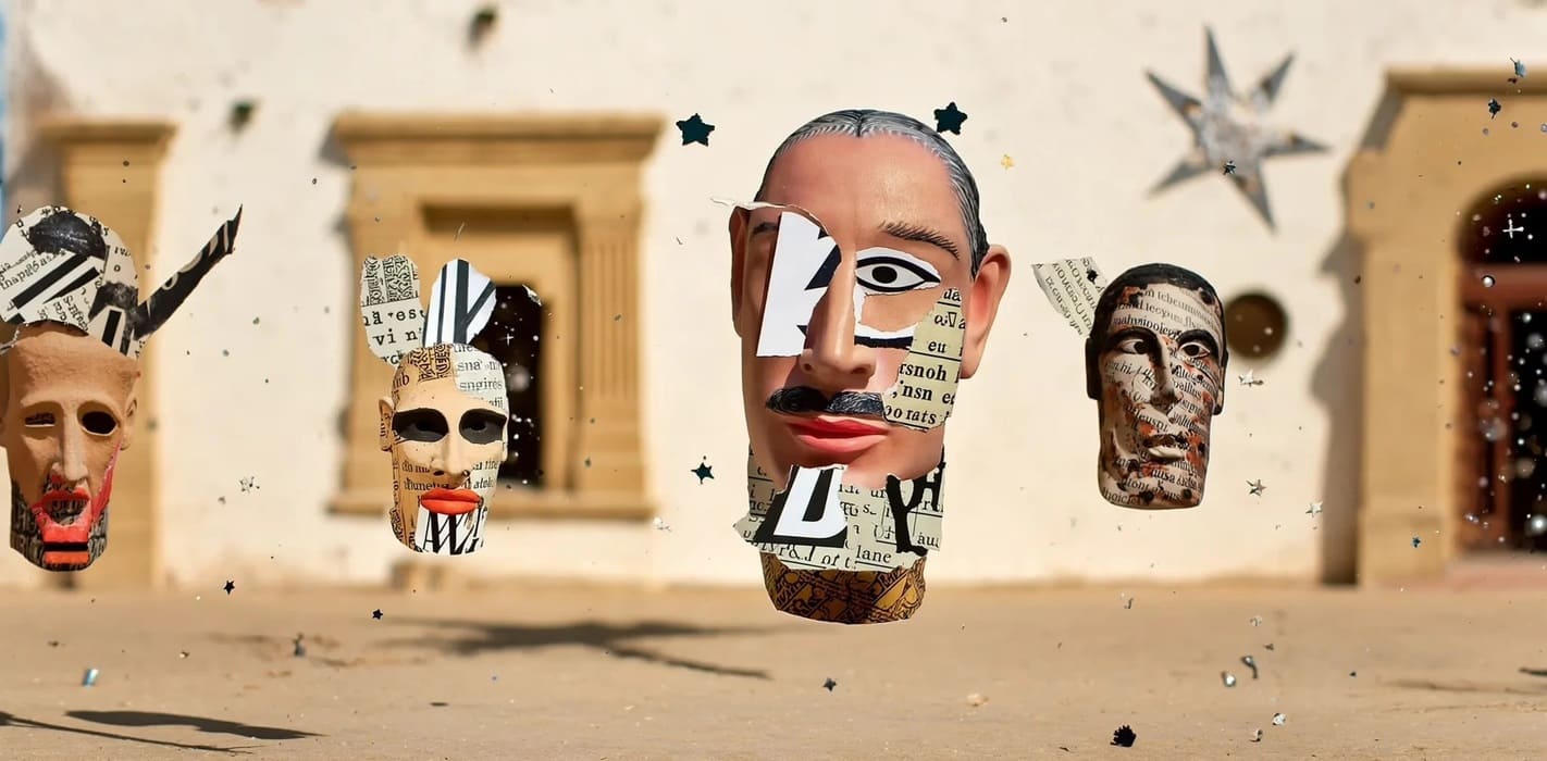 Surreal artwork featuring four abstract faces with newspaper clippings and geometric patterns, set against a classical architectural background with star decorations, blending modern art and historical elements.