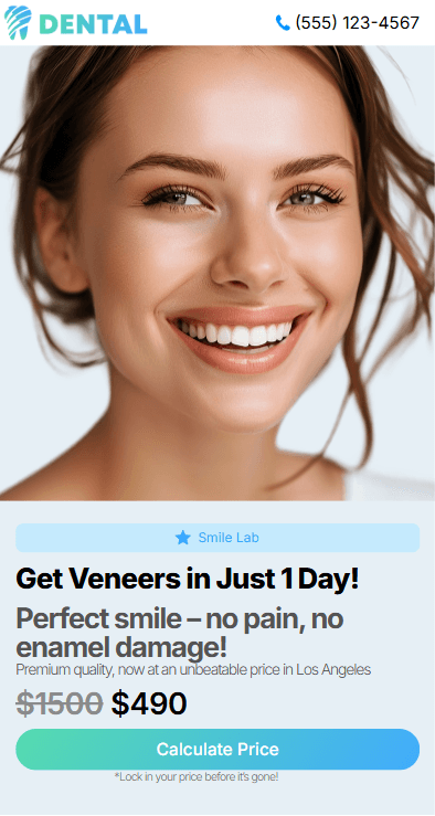 Mobile preview of a dental veneers Carrd template with treatment benefits and a price inquiry