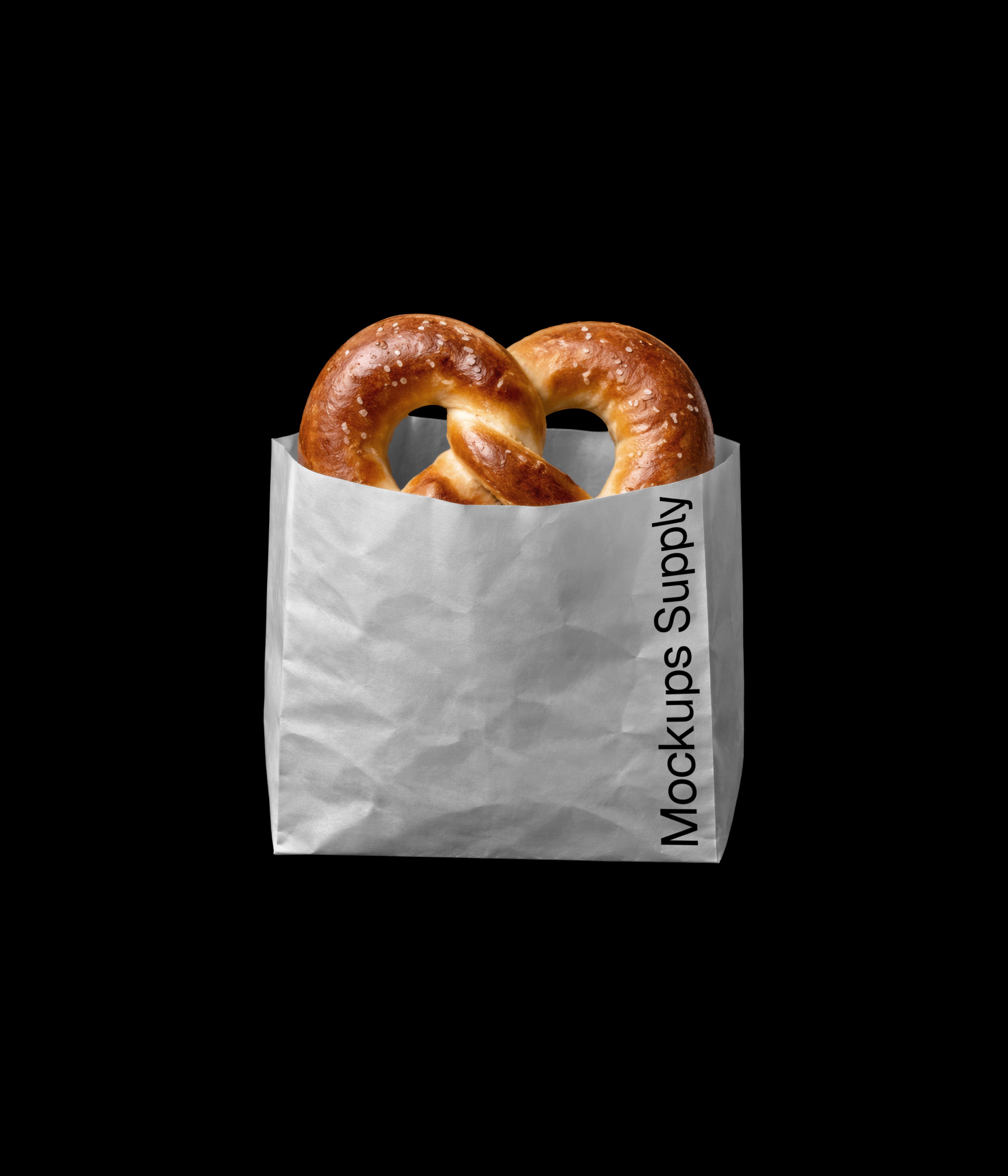 Pretzel in white paper bag mockup on black background for photoshop download psd