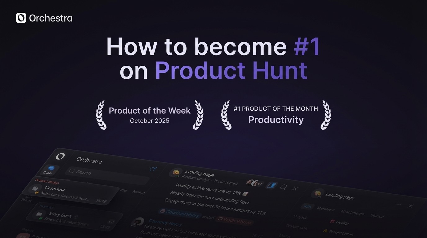 Hero image with Orhestra's logo and Product Hunt achievement badges