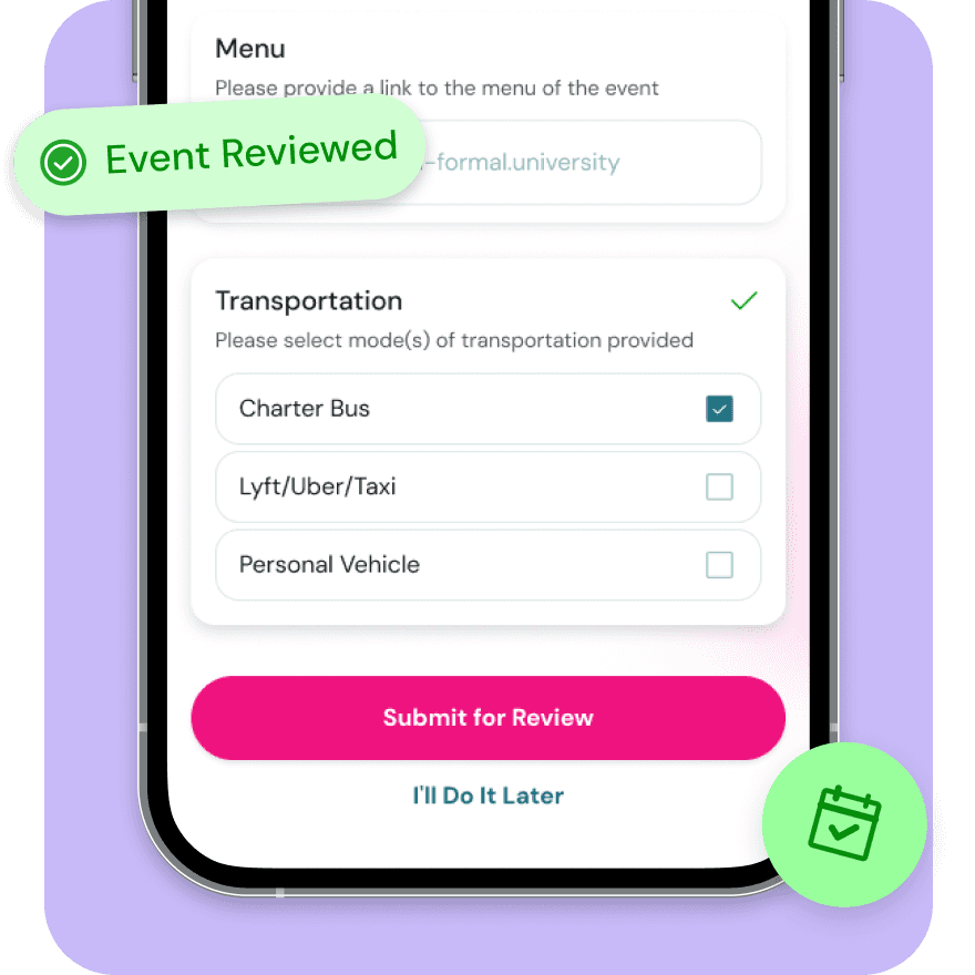 Lounge event setup form showing chapter bus and Lyft transportation options with event reviewed approval badge
