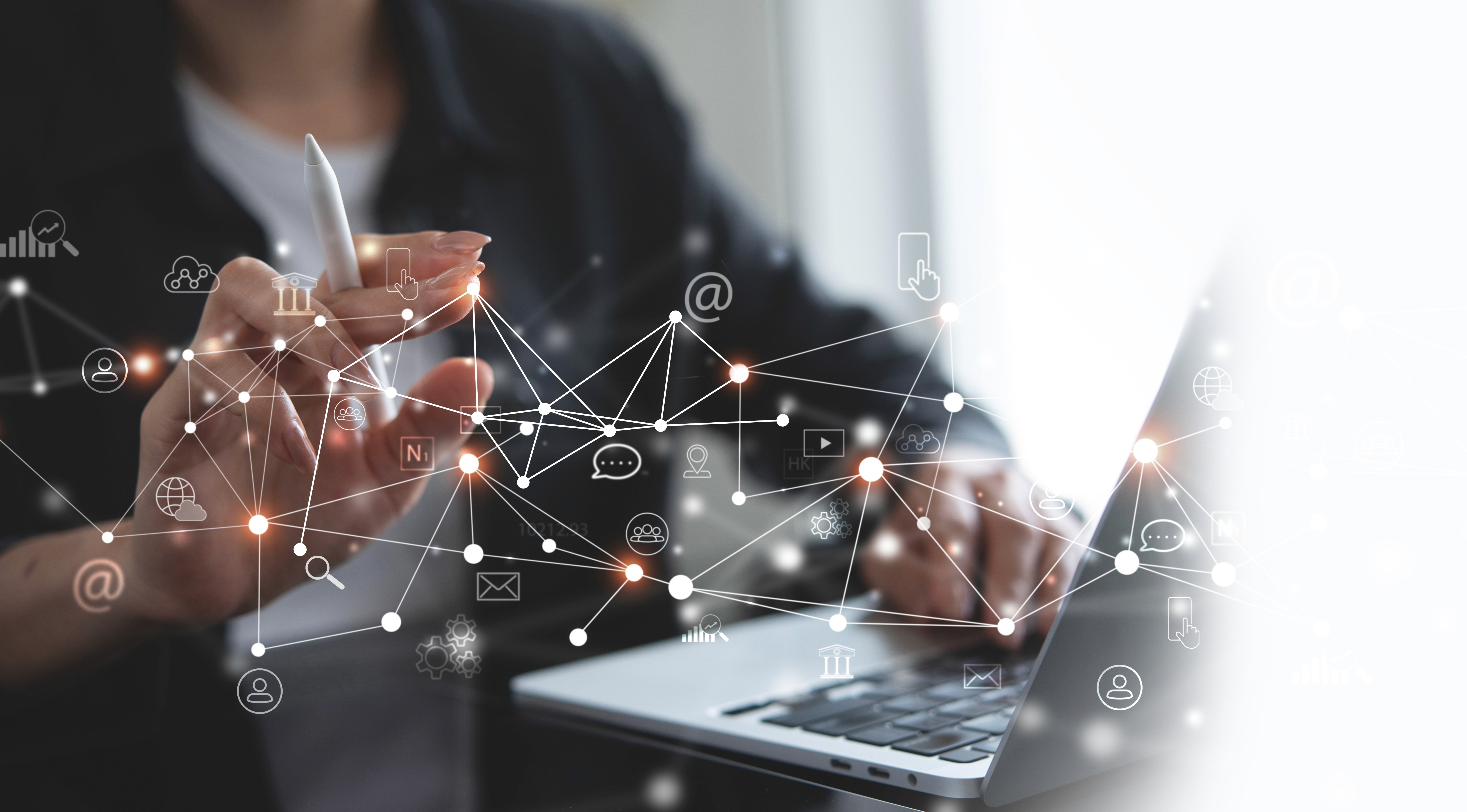 Image of a stylized visual of interconnected digital icons.