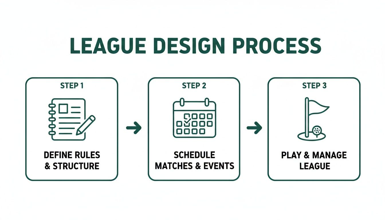 A three-step league design process diagram: define rules, schedule matches, and play/manage the league.