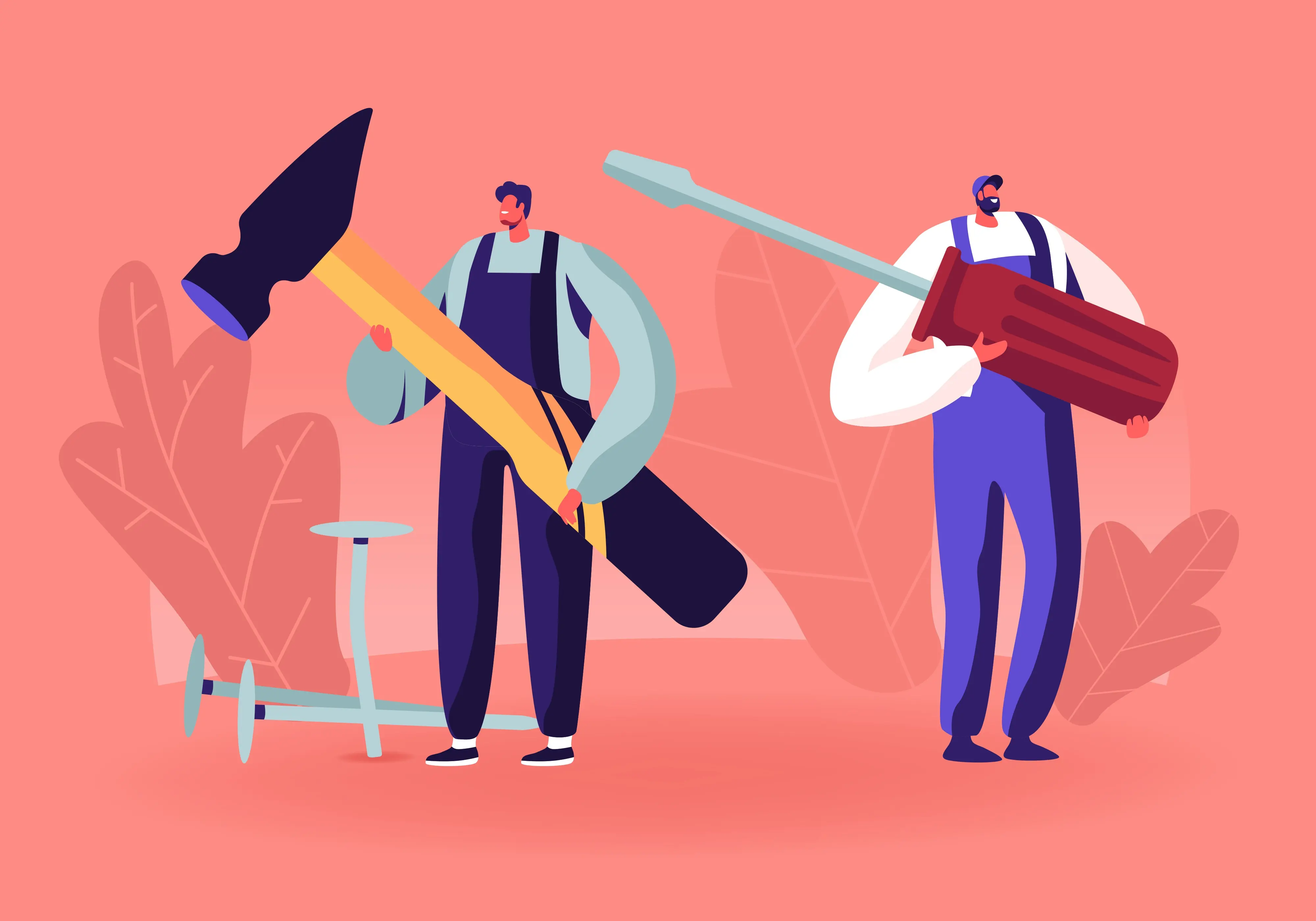 Illustration of two plumbers holding oversized tools, symbolizing AI-powered solutions that enhance efficiency and capabilities in plumbing services