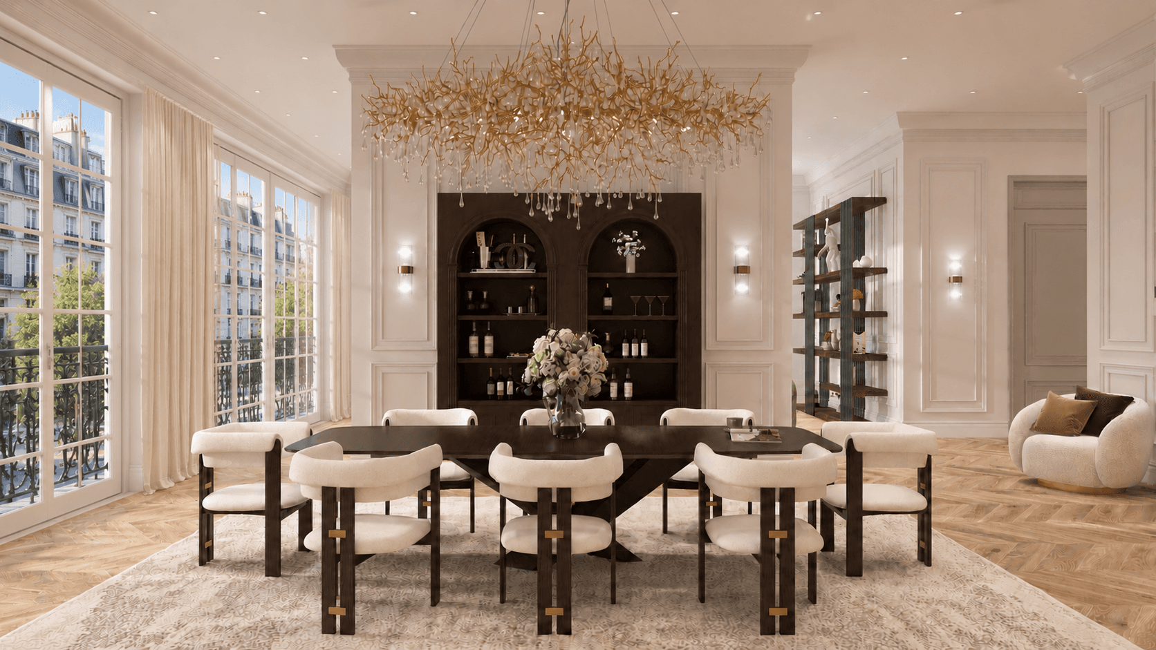 Stilvolles Altbauapartment im Pariser Stil mit klassischen Elementen, einem goldenen Kronleuchter und großem Essbereich von Rosewood Interiors