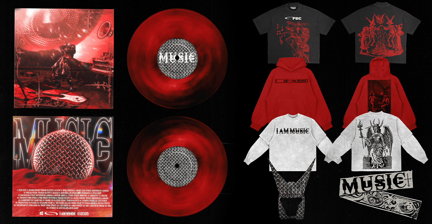 Playboi Carti’s 'I AM MUSIC' concept album cover featuring surreal abstract art, bold typography, and a neon-red demonic motif, symbolizing the fusion of hip-hop and avant-garde aesthetics.