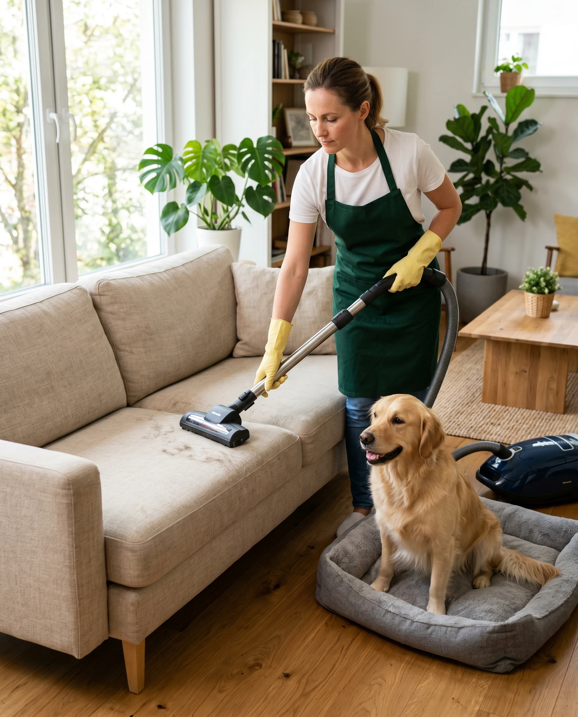 Woman vacuuming a couch with a golden retriever sitting nearby.
