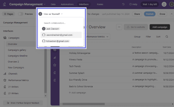 Airtable view-as layout highlighting how other team members will see and interact with your app.