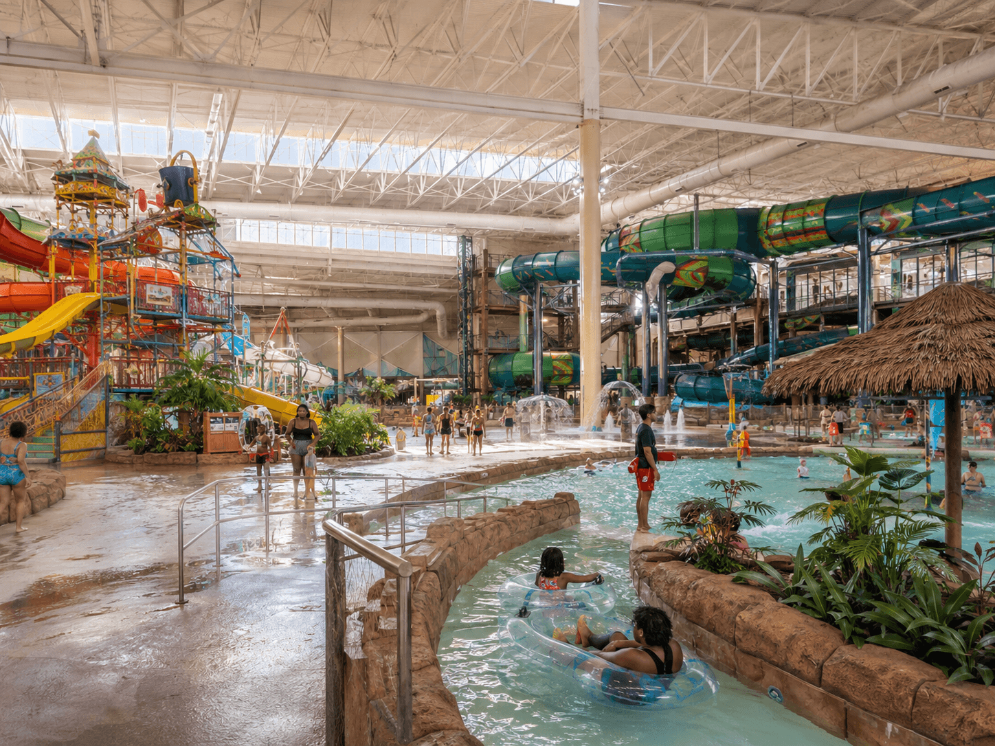 Kalahari indoor waterpark slides and lazy river.