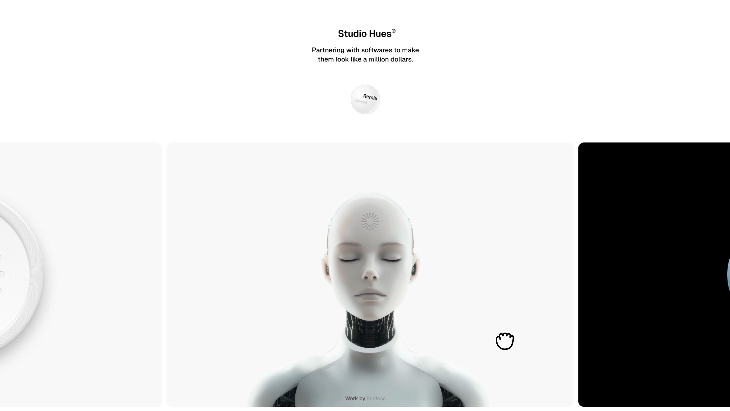 Minimal gallery featuring serene white futuristic android portrait