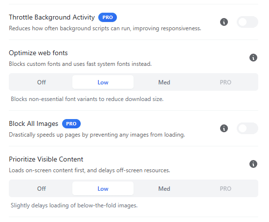 SuperchargeBrowser UI  showing throttle background activity, optimize web fonts, block all images and prioritize visible content settings