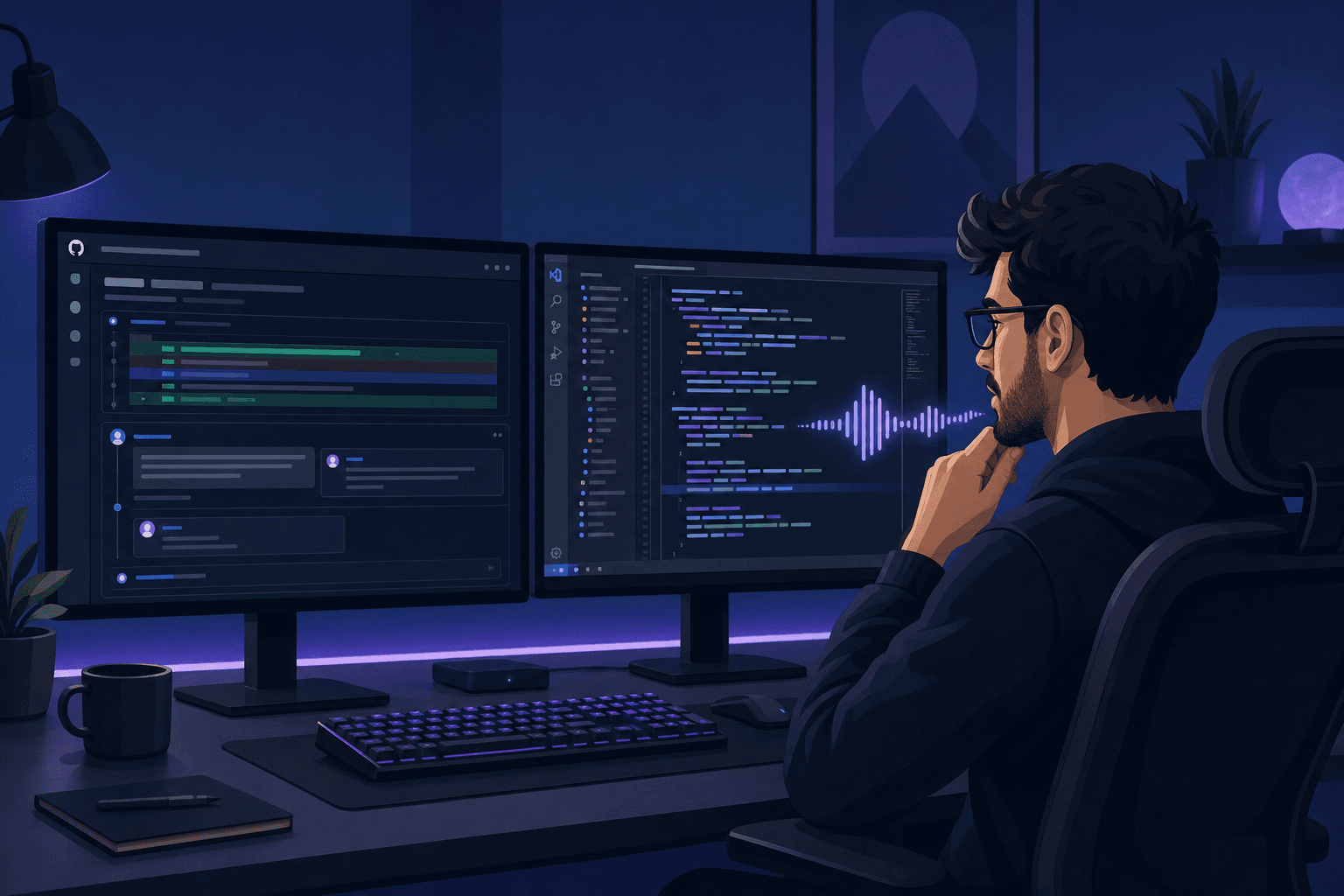 A developer sitting at a dual-monitor workstation doing a code review. One screen shows a GitHub pull request with inline comments, the other shows VS Code with code highlighted. A subtle voice waveform visualization floats near the developer's mouth, indicating voice dictation in progress. Clean, modern flat illustration style with a dark blue and purple color palette. Professional and technical atmosphere.