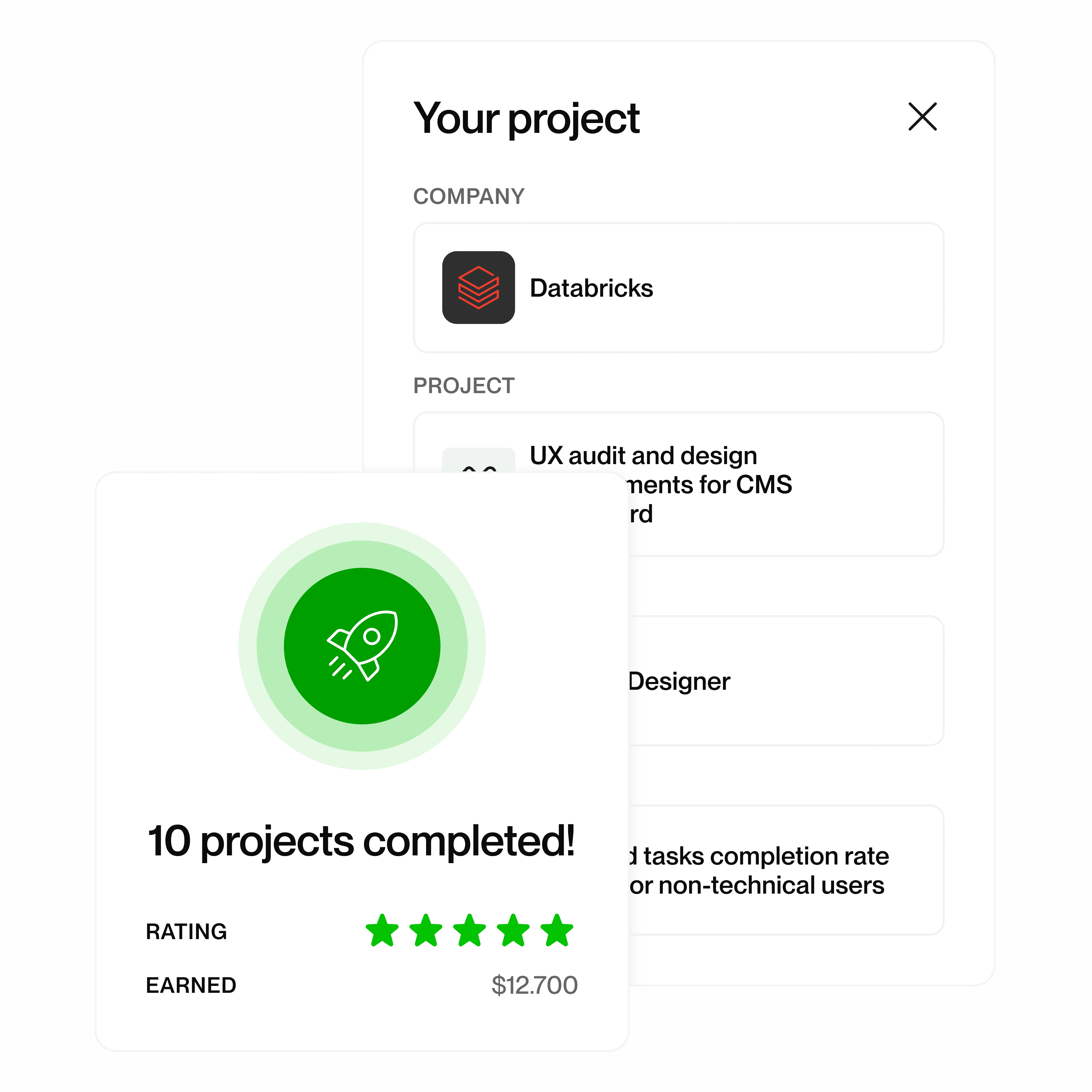 Project dashboard showing company Databricks, CMS dashboard UX project, and milestone card highlighting 10 projects completed with 5-star rating and $12,700 earned.