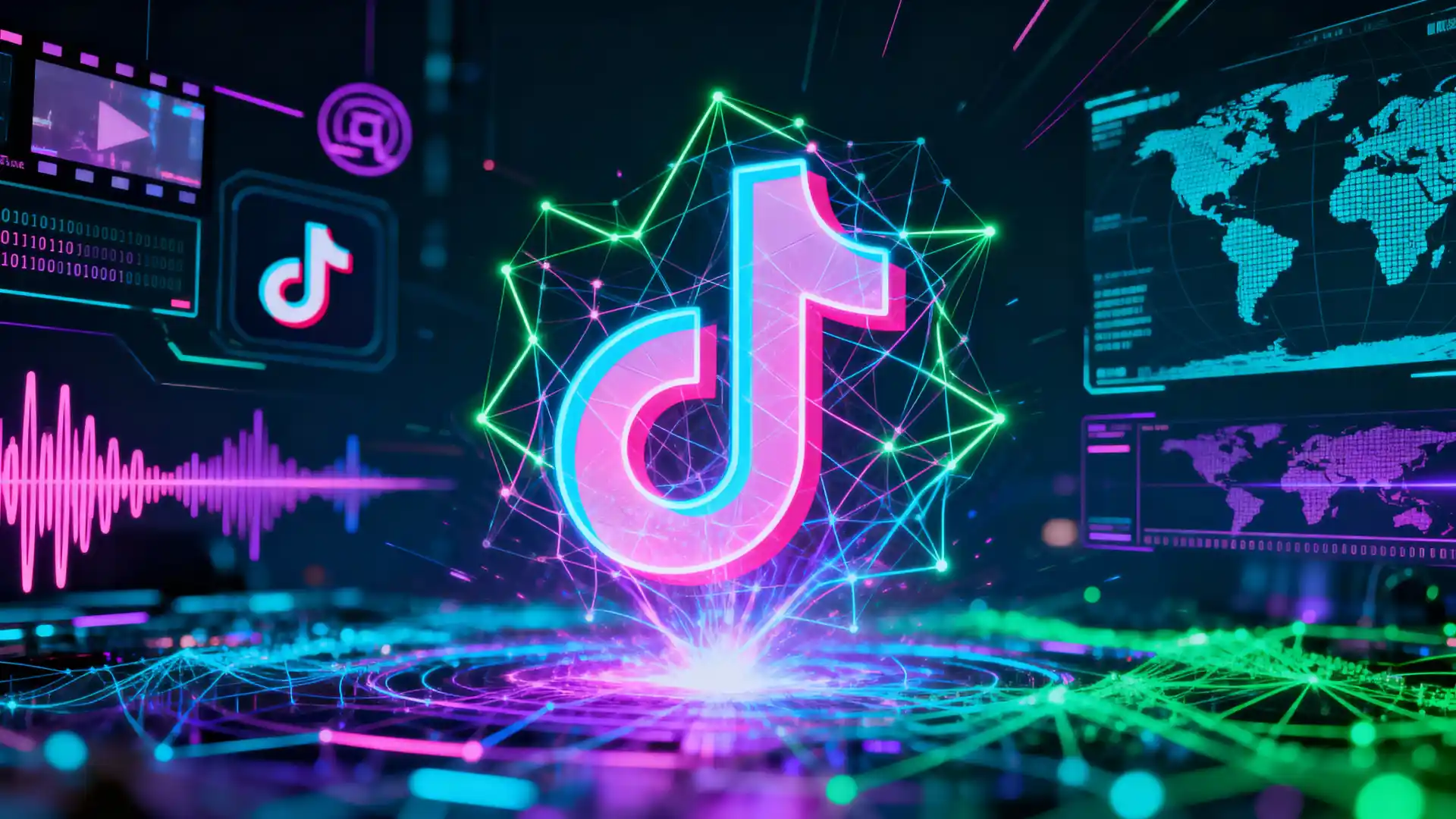 A digital rendering of the TikTok logo, encased in AI neural networks, symbolizing its $23 billion AI-driven media empire.