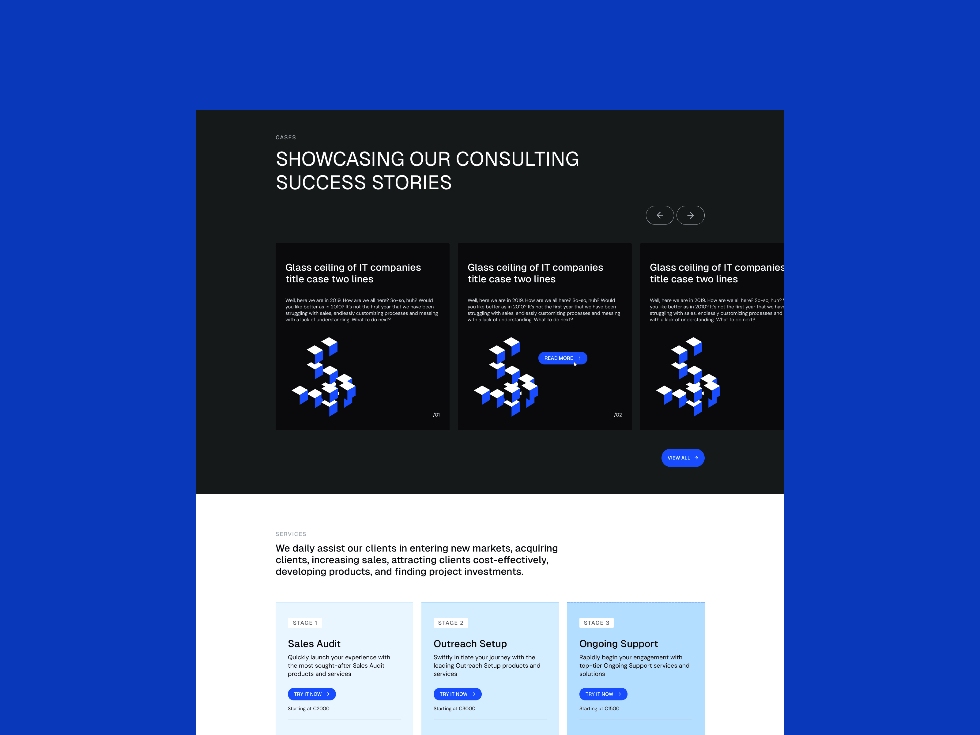 A website section showcasing consulting success stories, displaying a sleek, dark UI with highlighted case studies.