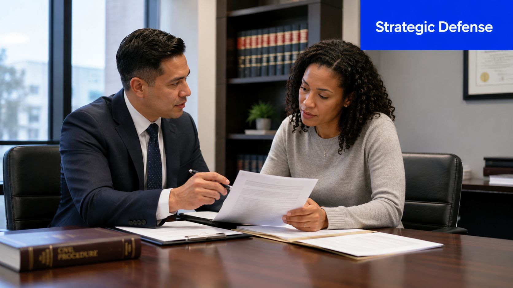 A professional lawyer consults with a female client about legal documents in an office setting.
