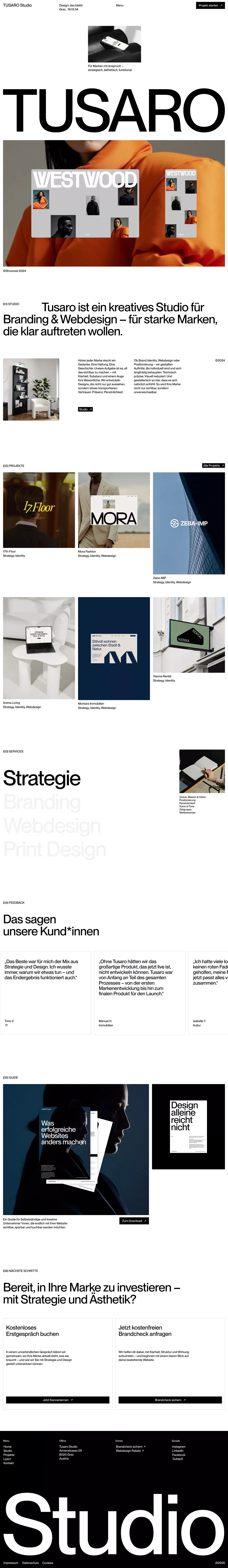 Tusaro Studio - Branding & Webdesign für portfolio page screenshot showcasing Design design