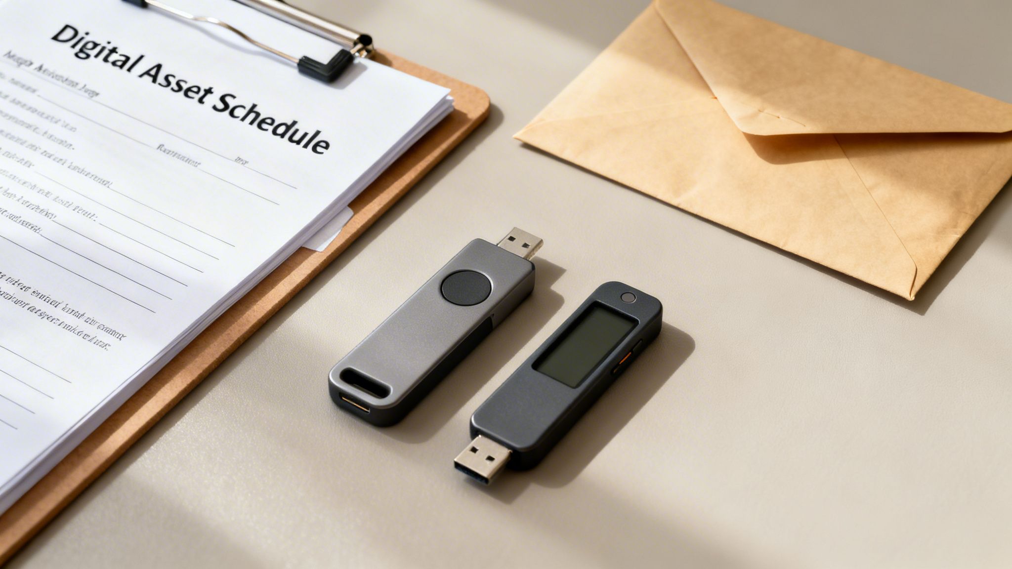 A 'Digital Asset Schedule' document, two hardware wallets, and a brown envelope on a desk.