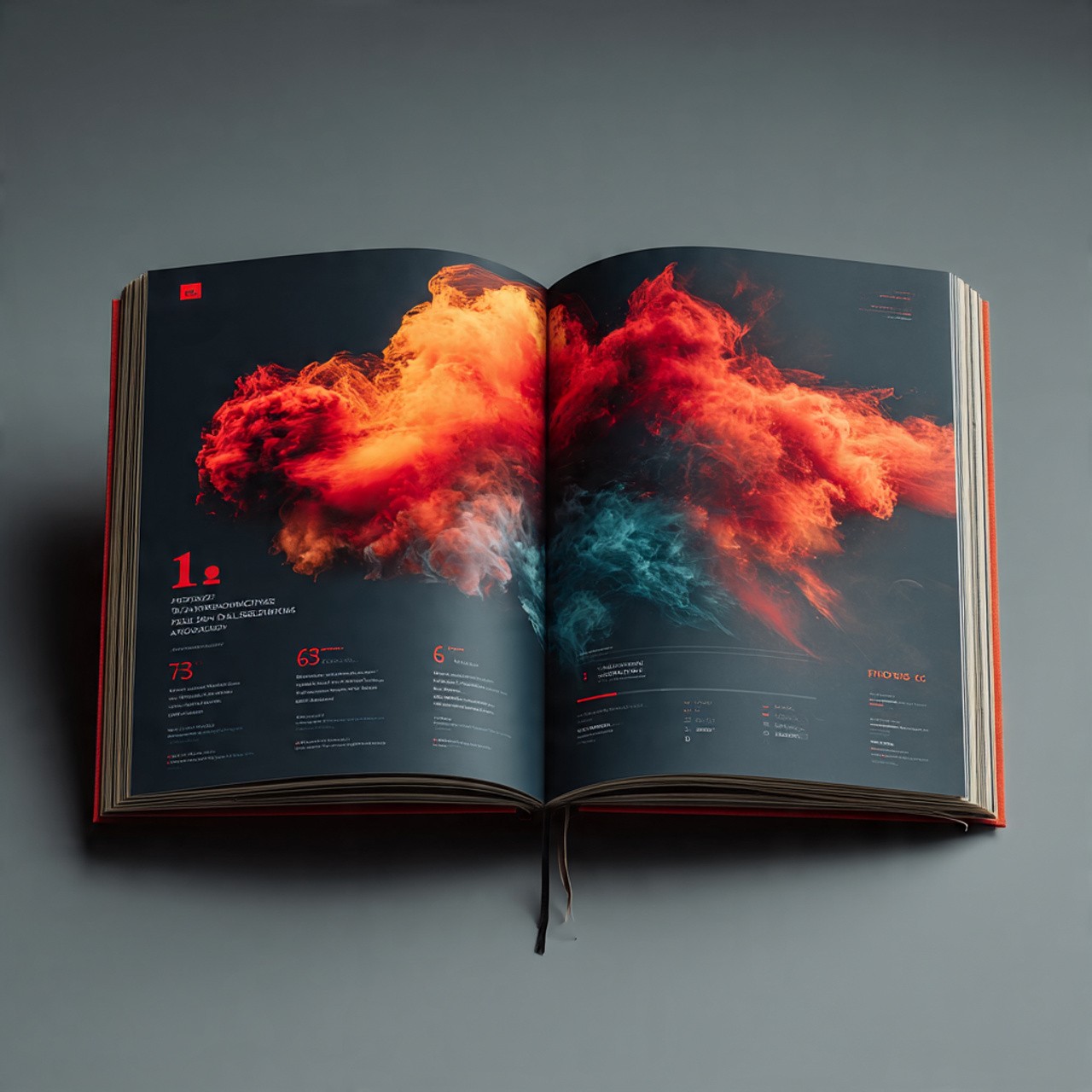 Open book on a gray surface, featuring vibrant red, orange, and teal smoke against dark pages. Text and numbers are scattered, creating a dynamic, modern feel.