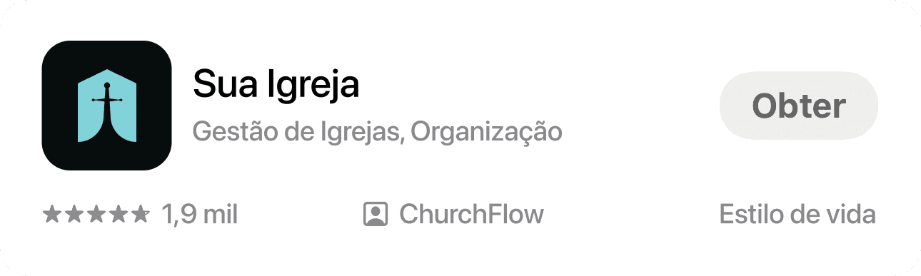 App Store preview of the “Sua Igreja” app by ChurchFlow. The church management app is categorized under Lifestyle, rated 4.8 stars with 1.9k reviews, and includes features for church organization and community engagement. The app icon shows a cross inside a church silhouette with a turquoise background, and the download button says “Get.”
