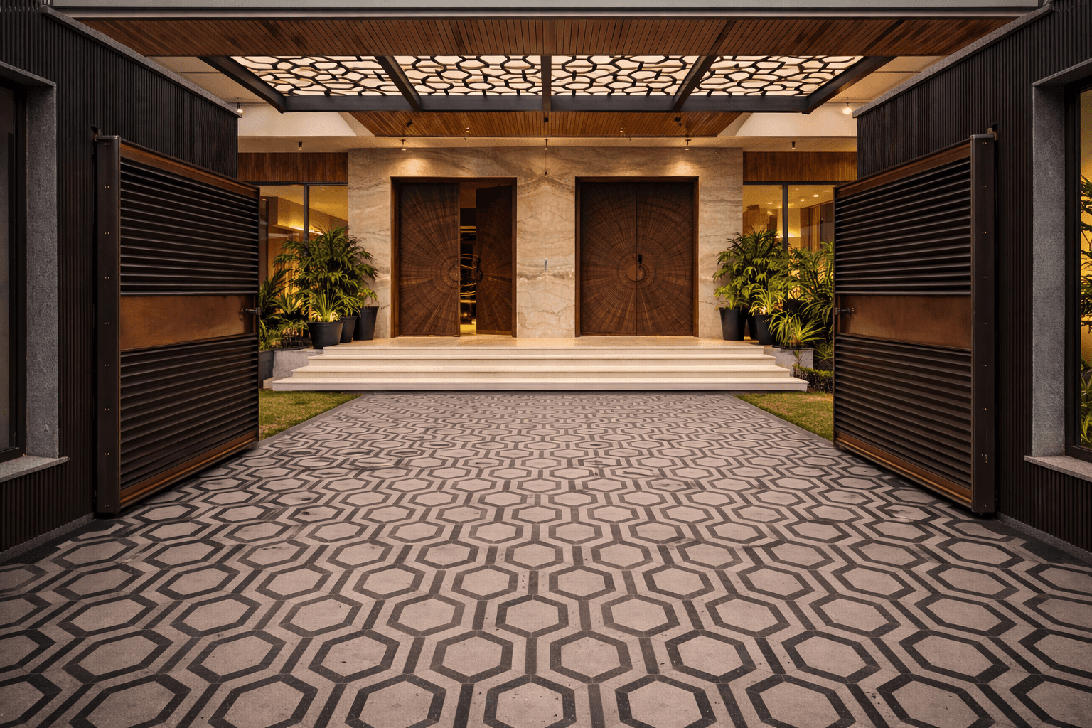Patterned stone flooring installed in modern architectural entrance and walkway space