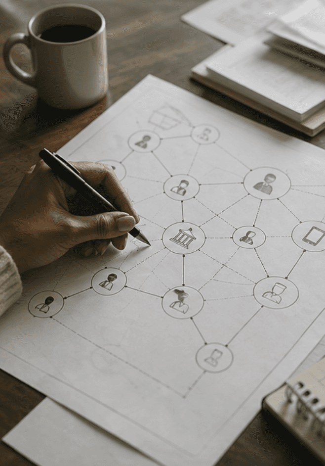 Hand drawing a network diagram on paper at a desk