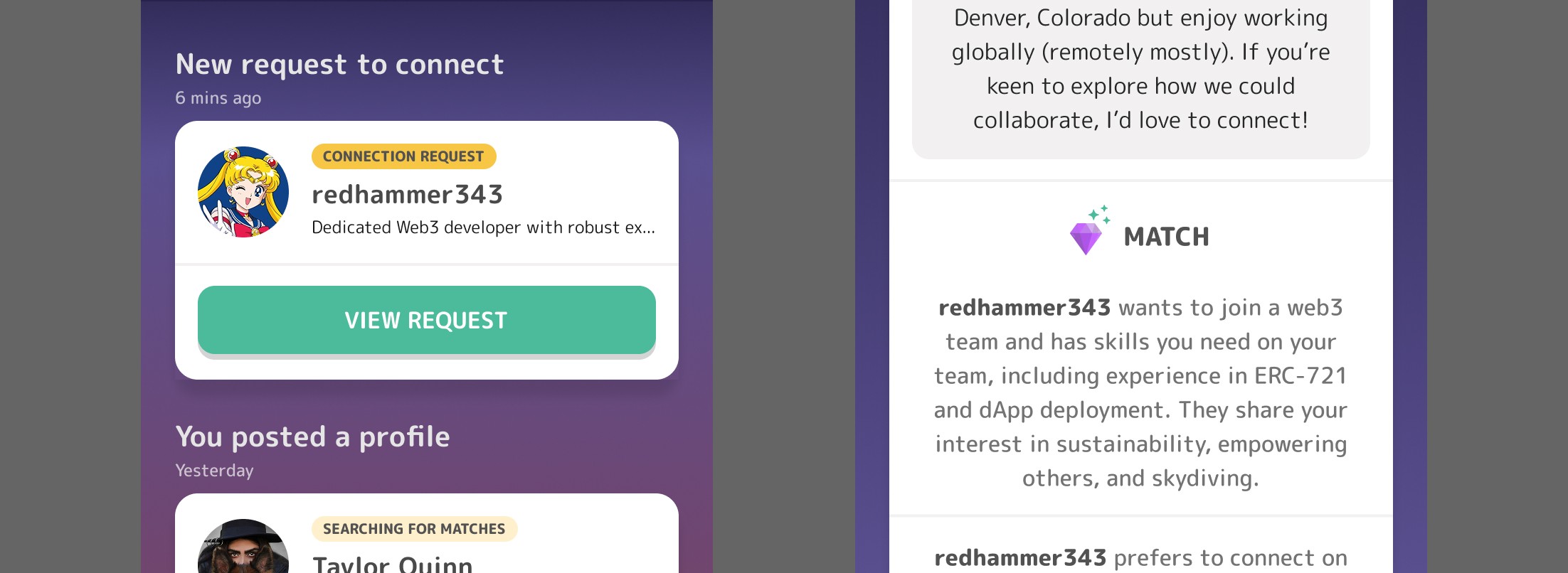 A screenshot of app screen designs depcting matchmaking notifications